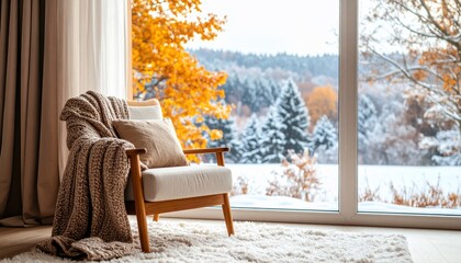 Cozy Winter Scene: Armchair by Window with Snowy Landscape