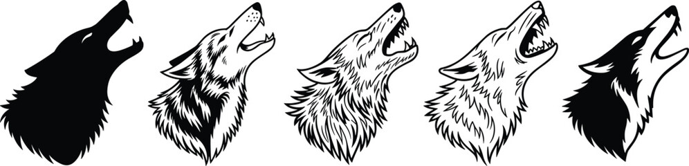 Wolf head illustration set, howling profile pose, black and white styles, fur detail drawing, animal vector graphic, wild nature design