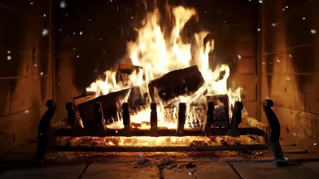 Warm glowing fire burning inside a rustic fireplace, wooden logs crackling, cozy indoor winter atmosphere.