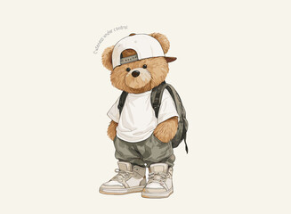 Cool hip hop teddy bear in streetwear, oversized sneakers, cap, and backpack. Urban fashion bear art print. Trendy cartoon character for kids and teens. Vector t-shirt design.

