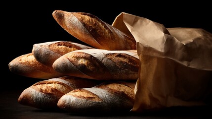 Artisan Baguettes in Brown Paper Bag, Freshly Baked Bread, Bakery Products