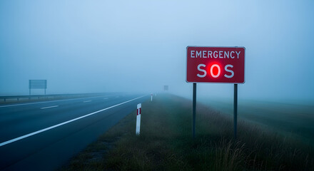 Highway Safety: Emergency Sos Signal Under Dense Fog And Limited Visibility Road