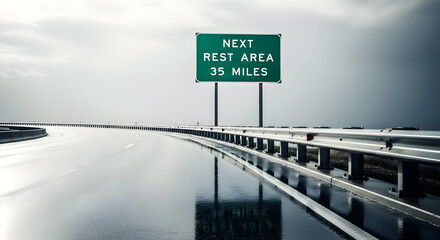 Highway Sign Prompts Upcoming Travel Break On Wet Roadway For Drivers