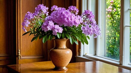 Fototapeta premium A vase of purple flowers sits on a wooden table by a window