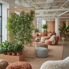 Fototapeta premium Modern office interior design with plants creating a relaxing and welcoming workspace atmosphere with stylish furniture