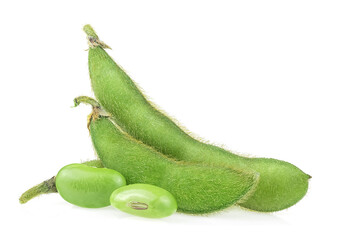 Fresh edamame soybeans and pods isolated on a white background. Edamame nibbles. Green edamame beans.