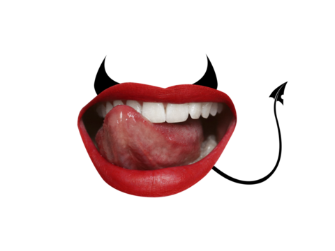 Collage of seductive mouth with devil horns and tail. Halloween. Element for design.