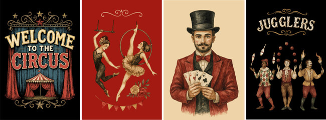 Circus vintage posters with acrobats, magician, jugglers, and “Welcome to the Circus” tent sign. Retro carnival art with performers, perfect for events, t-shirts, party decor, and wall art.
