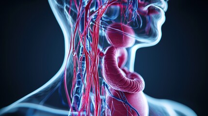 Detailed anatomical illustration of the human neck and upper torso, highlighting the vascular and digestive systems.