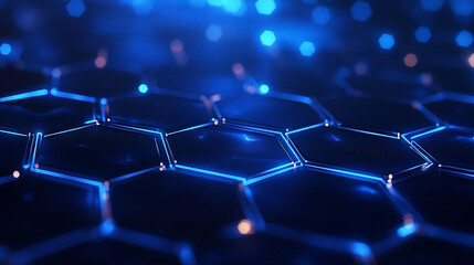 Obraz premium Blue glowing hexagonal pattern with soft light reflections in a digital space