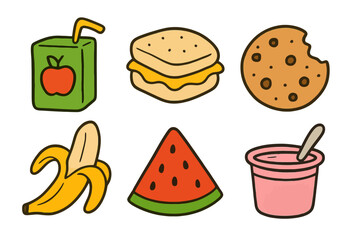 Cartoon school snack icon set with juice box, sandwich, cookie, banana, watermelon and yogurt. Black outlines, fun colors and transparent background. Great for kids apps and food design.