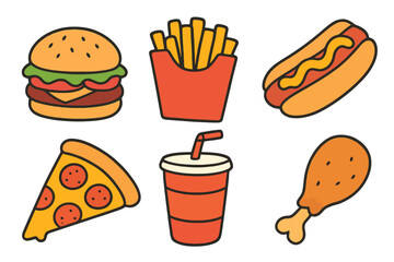 Set of 6 hand-drawn fast food icons: burger, fries, hot dog, pizza, soda and fried chicken. Transparent background. Perfect for UI, menus and food delivery apps.