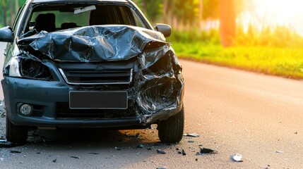Front view of a wrecked car on a road showing significant damage to the hood and front end.