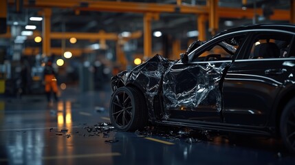 Obraz premium Damaged black car in a factory, aftermath of an accident, with industrial equipment in the background.