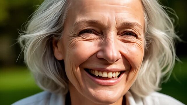 Close-up of mid-aged woman laughing naturally with sparkling eyes