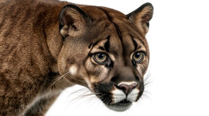 Close-up portrait of a cougar looking directly at the viewer, isolated on white.