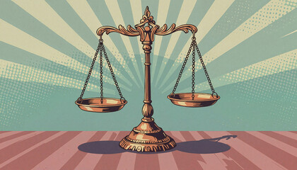 Classic legal scales illustration in a retro pop art style with a colorful striped background 
