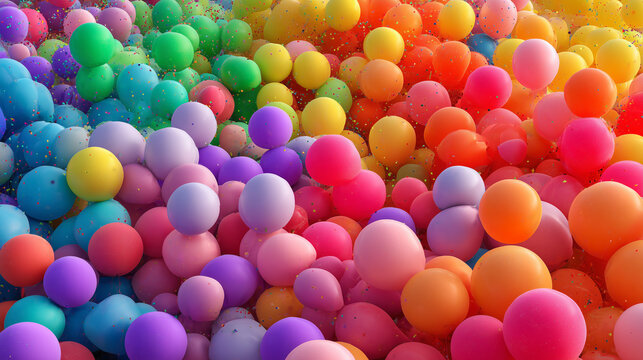 Vibrant and joyful abstract background filled with a burst of rainbow-colored balloons &mdash; a festive celebration of love, diversity, and Pride.

