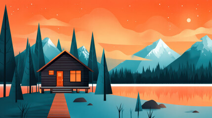 Fototapeta premium A serene cabin surrounded by pine trees and mountains, set against a vibrant sunset sky reflecting on a tranquil lake.