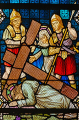 Stained Glass – Jesus Falls the Third Time, Rochefort Church, Belgium