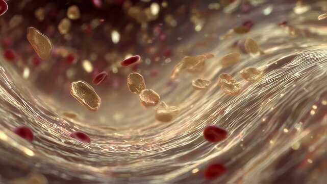 Artistic rendering of glistening golden platelets forming swirling masses inside vascular pathways conveying elevated platelet counts in blood disorders.