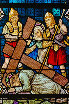 Stained Glass &ndash; Jesus Falls the Third Time, Rochefort Church, Belgium