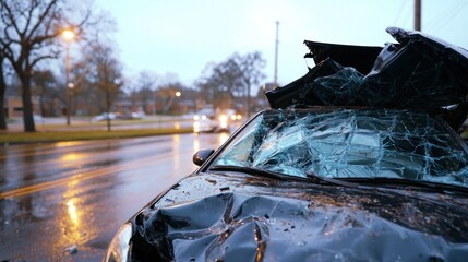 Damaged car after an accident with a smashed windshield and dented hood, on a wet road in an urban environment.