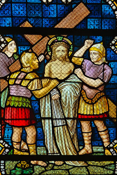 Stained Glass &ndash; Jesus Stripped of His Garments, Rochefort Church, Belgium