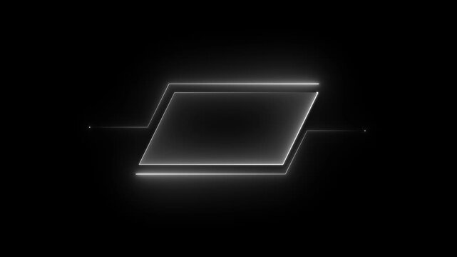 neon geometric shape with horizontal lines on black background frame