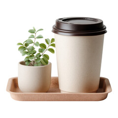 Minimalist Coffee Cup with Lid and Potted Plant on Tray