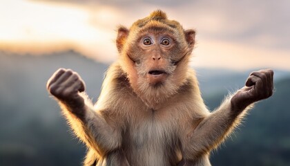 a curious monkey with a confused expression raises its arms giving an impression of questioning or seeking understanding