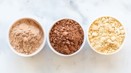 Three bowls of different colored powders, including beige, brown, and yellow, arranged on a marble surface, showcasing natural ingredients for culinary or cosmetic use