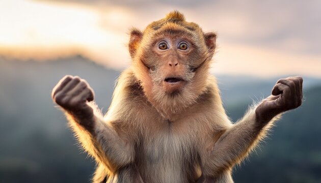a curious monkey with a confused expression raises its arms giving an impression of questioning or seeking understanding