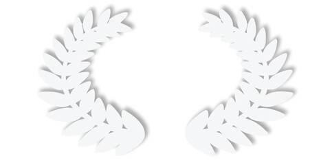 Elegant White Laurel Wreath Depicting Victory And Achievement Icon with soft shadows on a plain white background in a symmetrical design.