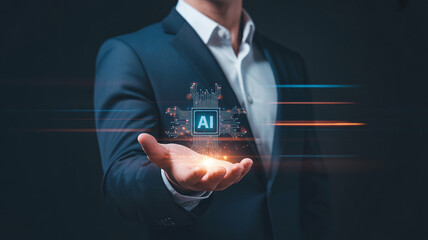 "Businessman Holding Artificial Intelligence Chip – Futuristic AI Technology and Automation Concept"