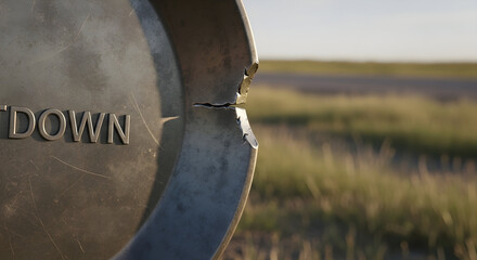 Impacted Countdown Sign Symbolizing Failure Damaged In Field Under Gloomy Sunlight
