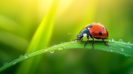 Obraz premium Close-up of a ladybug on a dewy green leaf in a sunlit garden