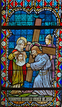 Stained Glass &ndash; Saint Veronica Wipes the Face of Jesus, Rochefort Church, Belgium