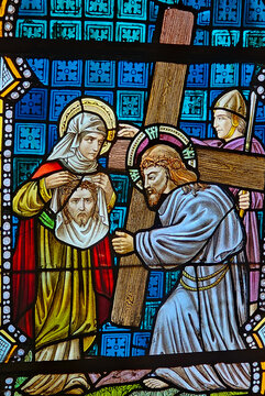 Stained Glass &ndash; Saint Veronica Wipes the Face of Jesus, Rochefort Church, Belgium