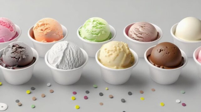 A row of white bowls filled with different colored ice cream. The bowls are arranged in a line and are filled with various flavors of ice cream