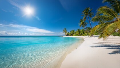 a serene beach scene featuring palm trees white sand and a bright blue sky with a hint of sunlight reflecting on the tranquil water