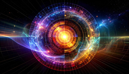 Obraz premium Cosmic Circle: An abstract and futuristic representation, the circular design radiates energy and showcases a vibrant fusion of colors, embodying the concepts of space, time.