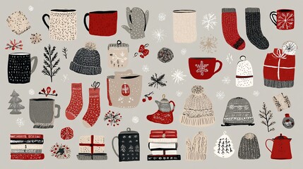 Cozy winter items collection on grey background