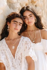 Fototapeta premium Two women wearing white dresses and necklaces are posing for a photo