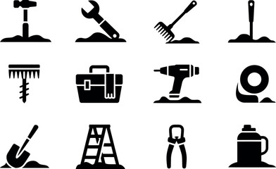 Obraz premium Vector Construction Tools Icons: Black Silhouette Set
