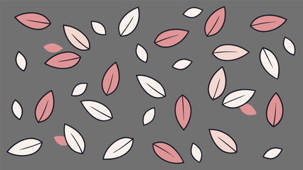 Abstract design of pink and white leaves scattered on a grey background