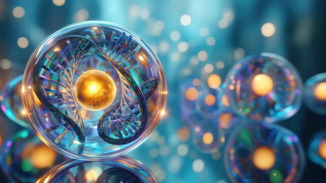 DNA inside nanospheres, futuristic biotechnology, glowing genetic code, cellular structure, advanced medicine, molecular biology, gene therapy, biotech innovation, scientific visualization