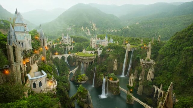 Fantasy castle city, magical architecture, waterfall kingdom, lush mountains, enchanted landscape, medieval fantasy world, scenic bridges, misty valley, fairytale scene, fantasy realm