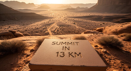 Long Journey Ahead In The Arid Desert Landscape With Summit Marker
