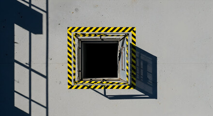 Industrial Hatchway Entrance With Hazard Stripes And Shadow Play On Concrete Wall